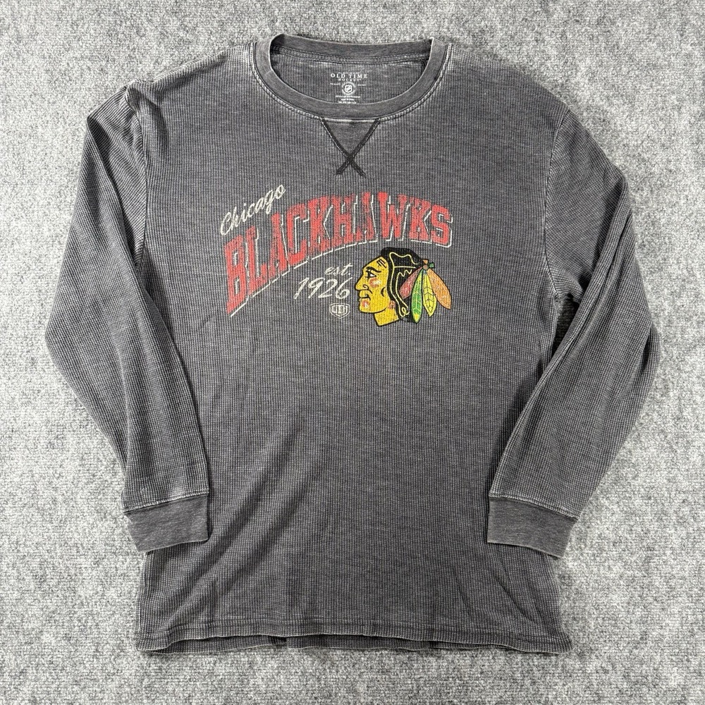 Chicago Blackhawks Gray Thermal Long Sleeve Waffle Pattern Large Old Time Hockey